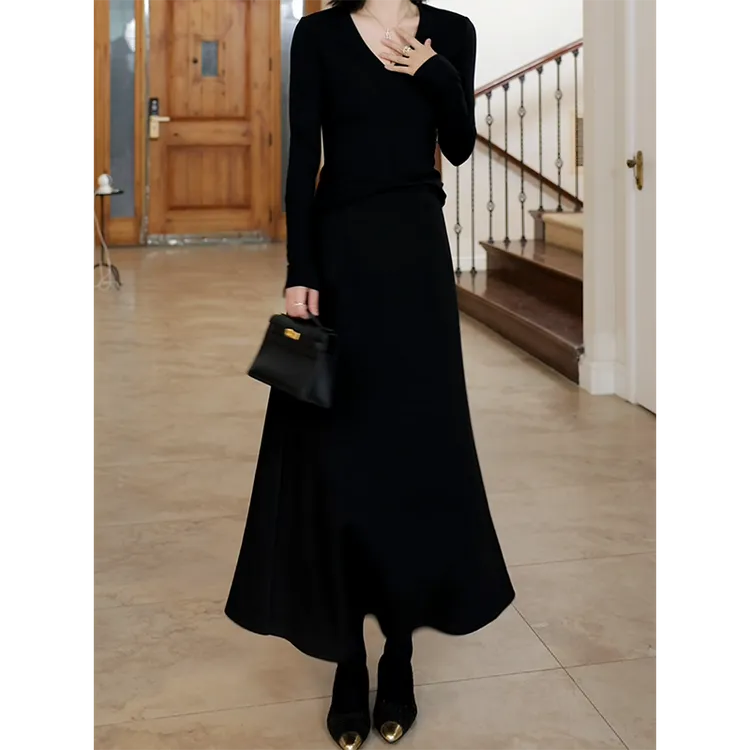 郭九九呢 桑蚕丝羊毛醋酸高腰伞裙半裙v领显瘦打衣衫G924A21371-2