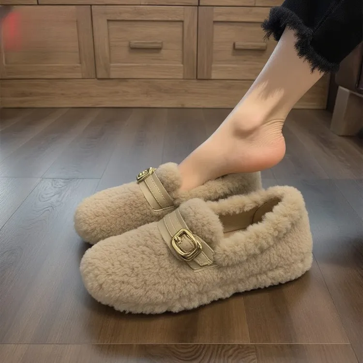 网红时尚小香风羊羔绒底毛毛鞋女外穿秋冬皮带扣软底豆豆孕妇棉鞋
