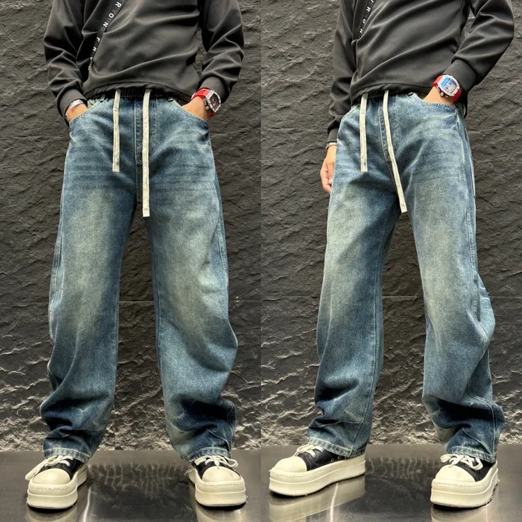 复古阔腿直筒2025年新款秋冬季牛仔裤男款抽绳松紧腰宽松美式长裤