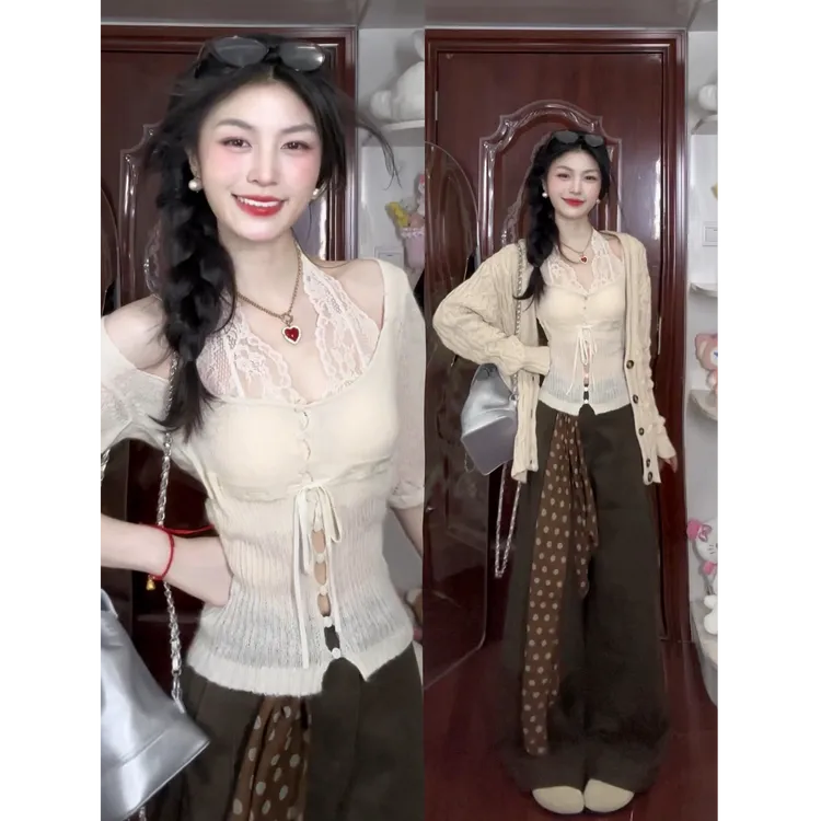 parkyeon早秋纯欲风穿搭麻花长袖毛衣外套蕾丝内搭女阔腿休闲裤