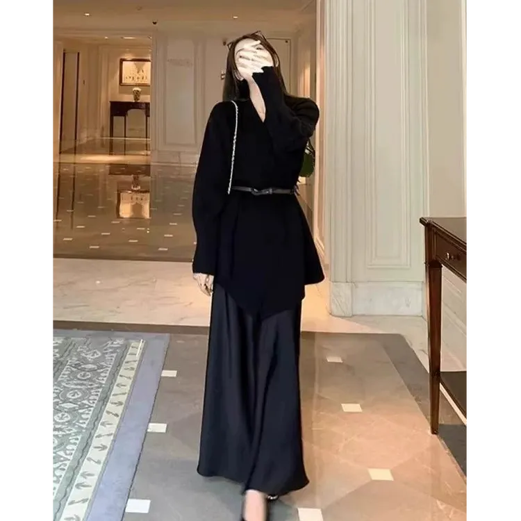 2025秋季新款女法式气质翻领收腰针织毛衣外套高腰缎面鱼尾半身裙