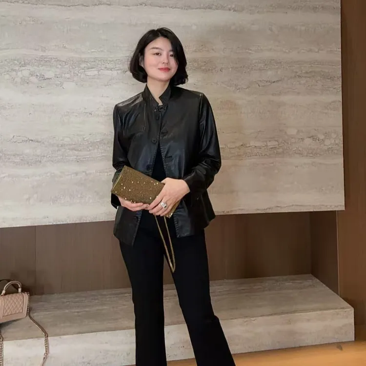 TANTAN 气质时尚中式立领秋季短款皮衣外套3168