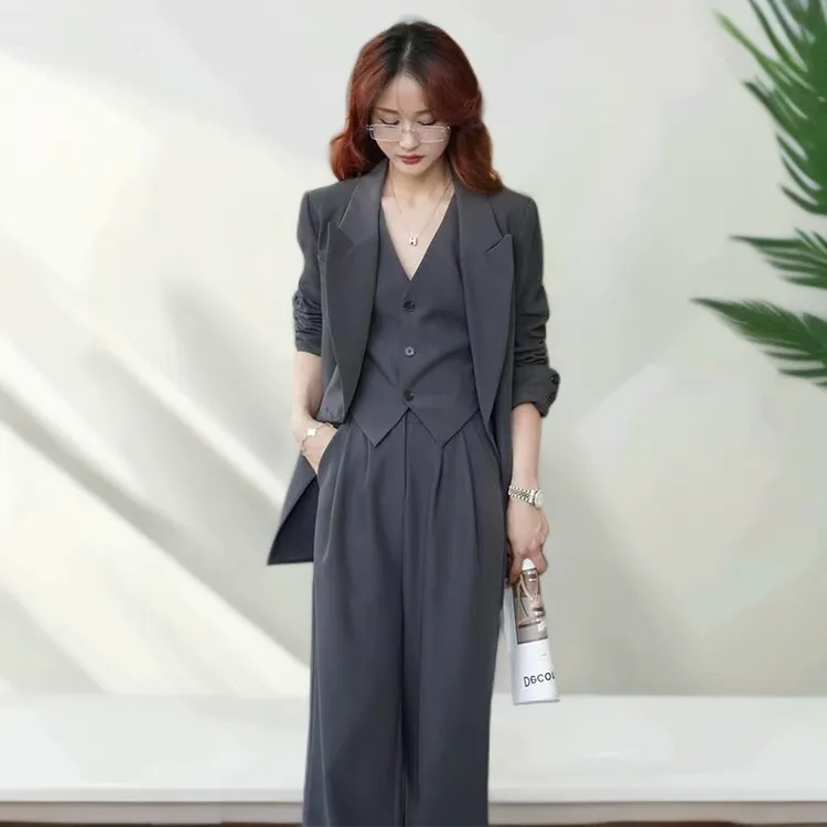 韩系春秋宽松西装外套女职业显瘦百搭高定正装西装套装马甲三件套