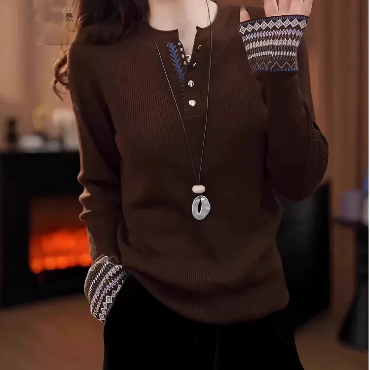 半开领百搭显瘦提花长袖短款针织打底衫