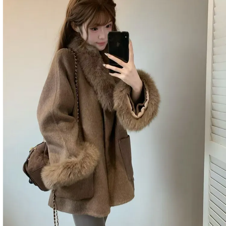 冬季新款气质英伦千金风可拆卸大毛领毛呢外套女加厚保暖斗篷大衣