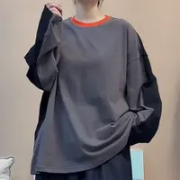 棉料黑灰拼色长袖厚t女宽松