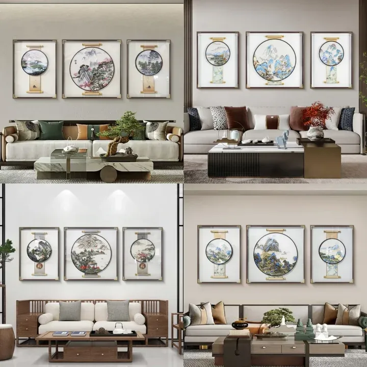 【苏绣坊-苏绣客厅卷轴集合】三联刺绣新中式装饰客厅背景墙挂画