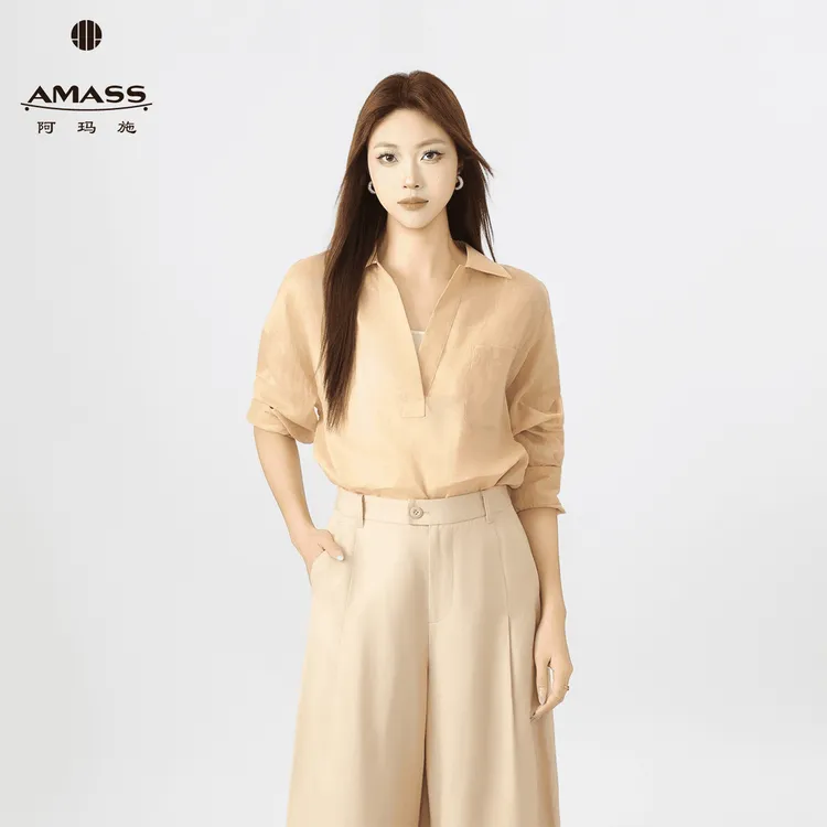 AMASS/阿玛施夏日防晒舒适薄百搭慵懒风翻领苎阿玛防晒慵懒风
