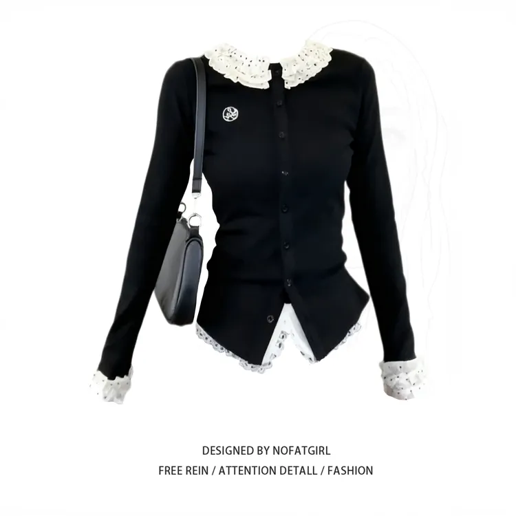 大码胖妹妹韩系波点花边袖黑色长袖针织开衫女秋季修身打底衫上衣