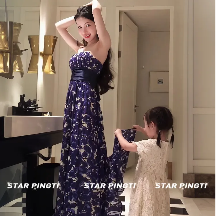 抹胸连衣裙女轻奢高端名媛气质宴会晚礼服重工印花收腰大摆长裙