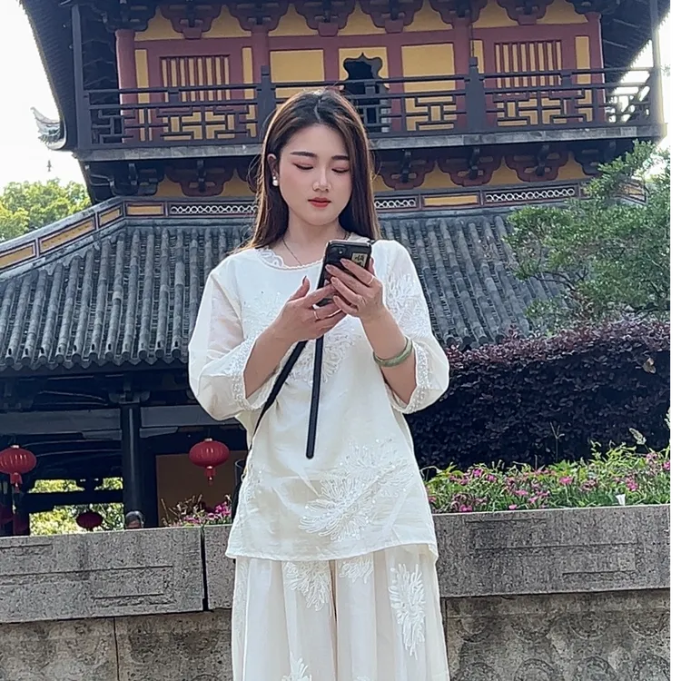 夏季新款棉纱透气时尚新中式复古七分袖百搭双层不透中长款打底衫