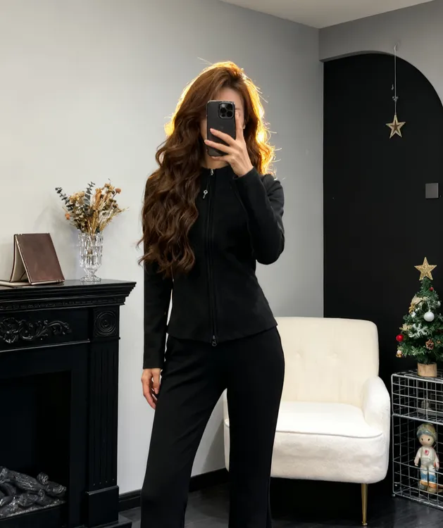 双拉链长袖内搭女冬季新款立领修身显瘦开衫上衣620-A119