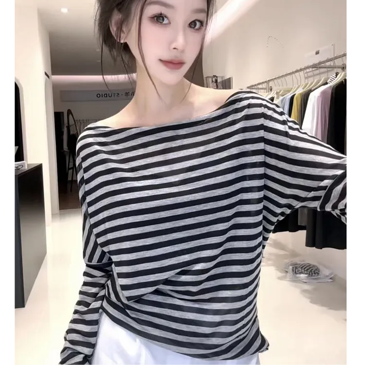 气质撞色条纹一字领长袖防晒上衣2025秋季新款时尚百搭宽松T恤女