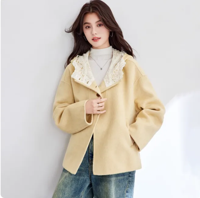 鹅黄色连帽双面呢外套女2025秋冬装新款时尚短款小个子上衣呢大衣