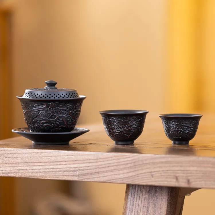 紫陶浮雕三才盖碗旅行茶具家用高档功夫茶具带过滤泡茶碗茶杯喝茶