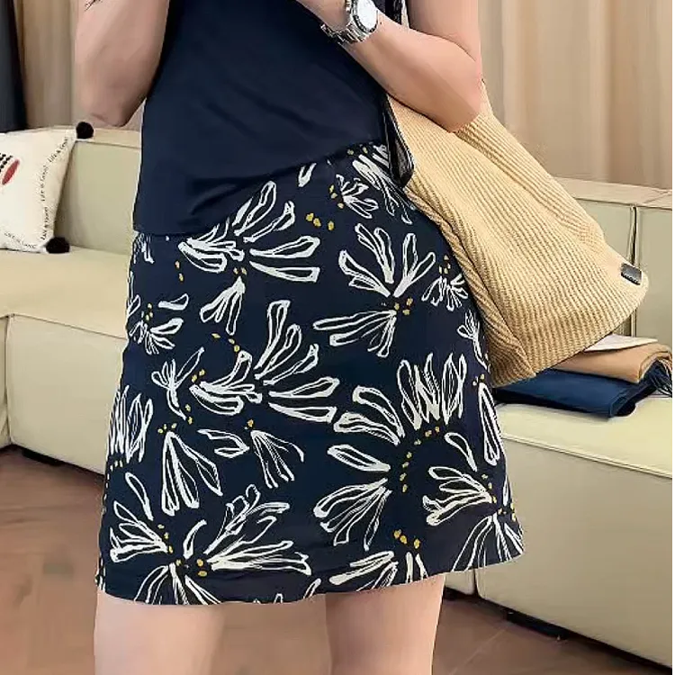 复古水墨印花半身裙子女夏季气质半裙高腰显瘦A字碎花短裙包臀裙