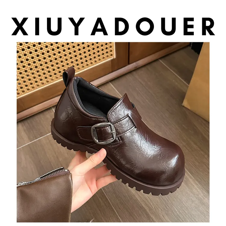 2025春季新款平底女鞋英伦风圆头厚底春季乐福鞋百搭增高时尚