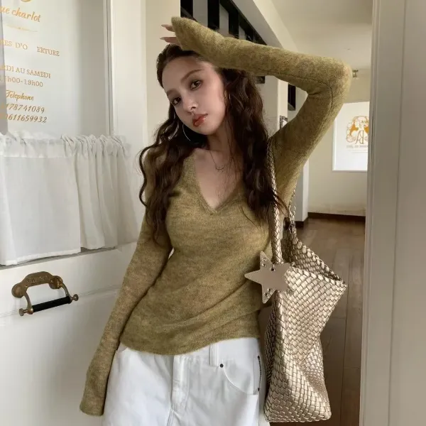 秋季长袖针织轻熟风毛针织衫薄款秋冬修身女装显瘦洋气时尚百搭