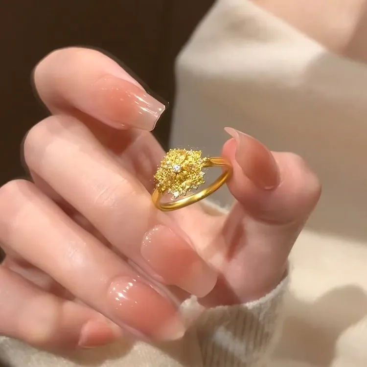 铜合金戒指 橙光金色雪花闪钻戒指 精致时尚高级感小众设计食指戒