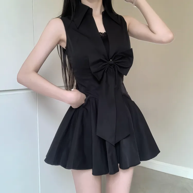 iqcq气球熊纯欲辣妹收腰显瘦黑色蝴蝶结短袖连衣裙女夏季a字短裙
