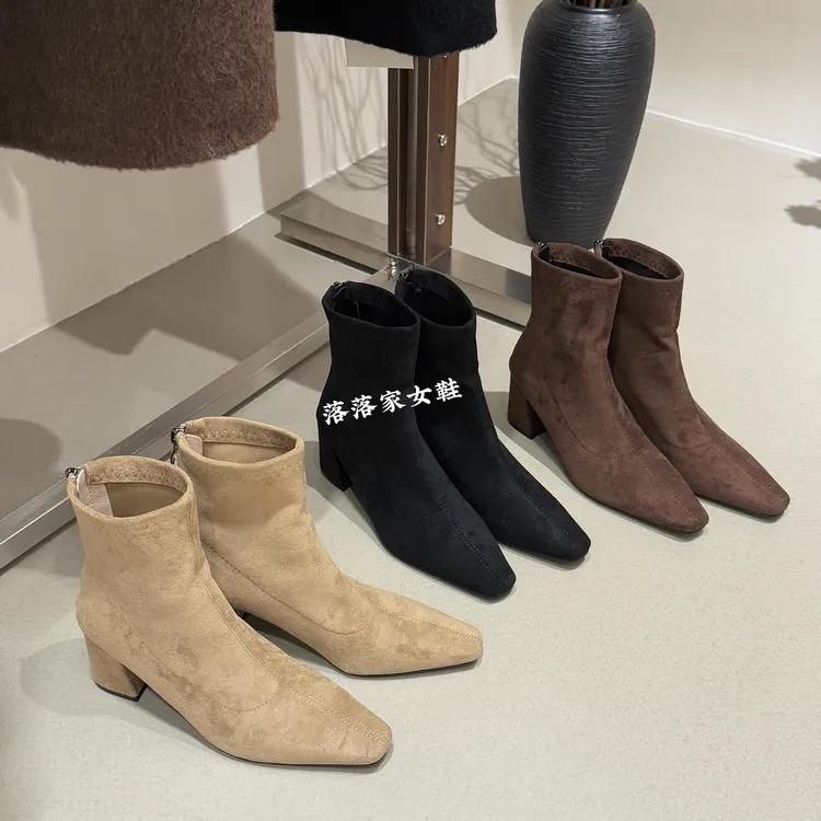 6cm~法式温柔小方头粗跟短靴女绒面后拉链高跟瘦瘦靴百搭时装裸靴