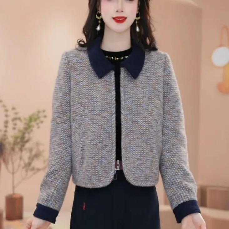 时尚格纹加厚短款外套女秋冬季新款洋气质宽松显瘦休闲贵妃绒上衣