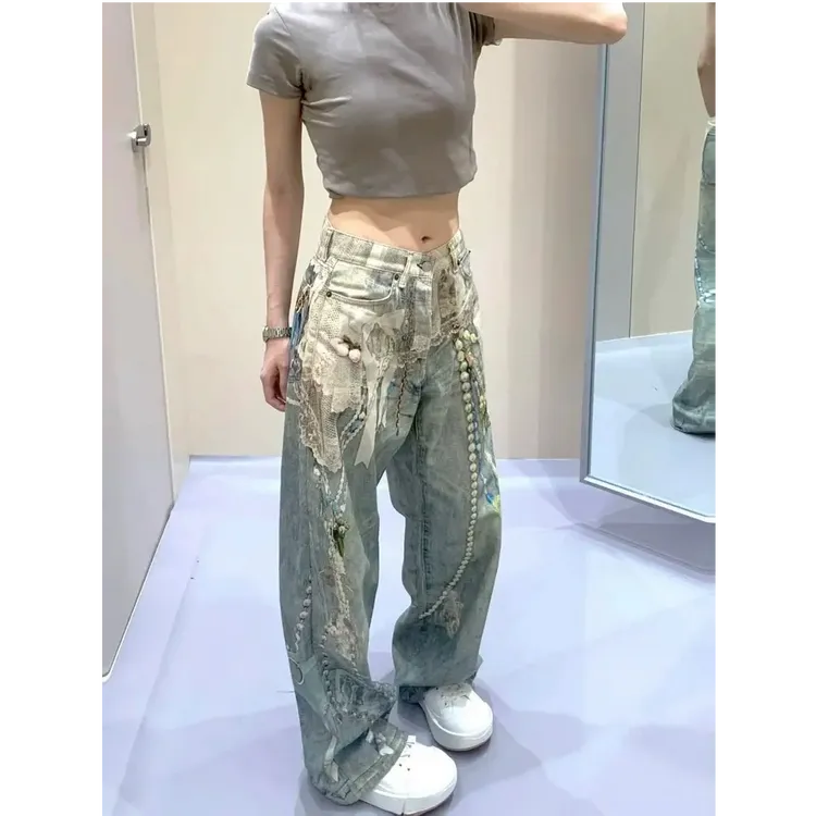 2025新款原设计直筒男女蕾丝珍珠链条3D水印印花直筒弯刀牛仔裤