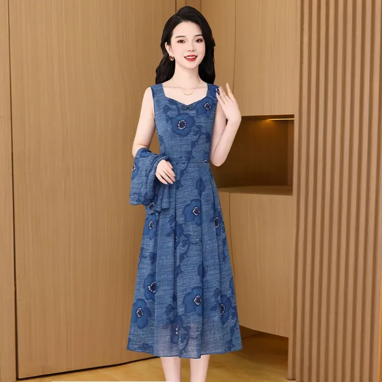 拉夏贝尔中式盘扣连衣裙2025夏季轻奢小众高级感时尚两件套装裙子