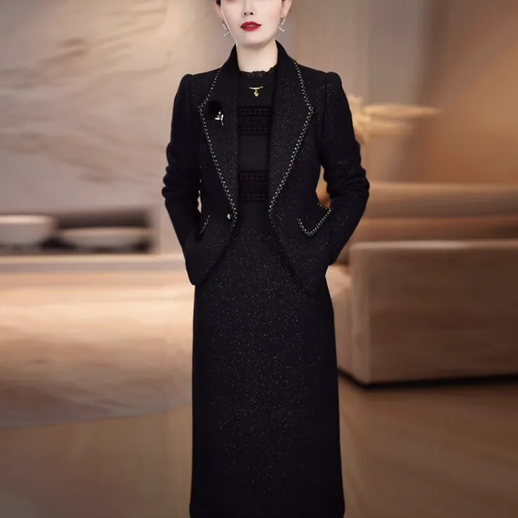 贵妃绒气质轻奢高级感女装2025秋冬新款时尚贵气小香风连衣裙套装