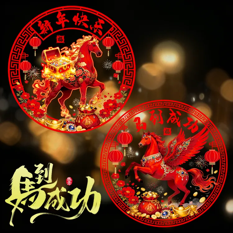 2026新款马年窗花新年高档装饰玻璃贴过年春节福字金马图案静电贴