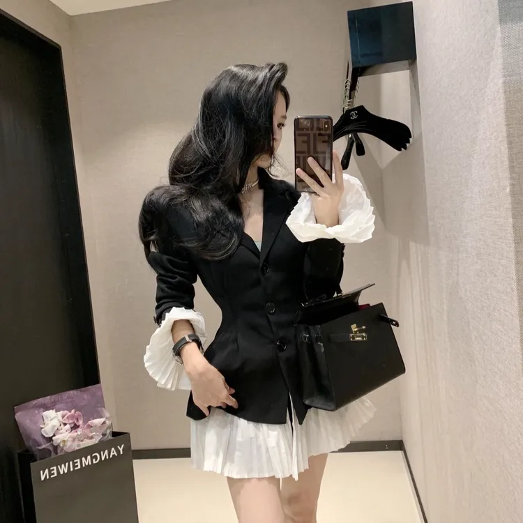 黑色西装连衣裙女小个子高级感2025新款收腰显瘦拼接小香风西服裙