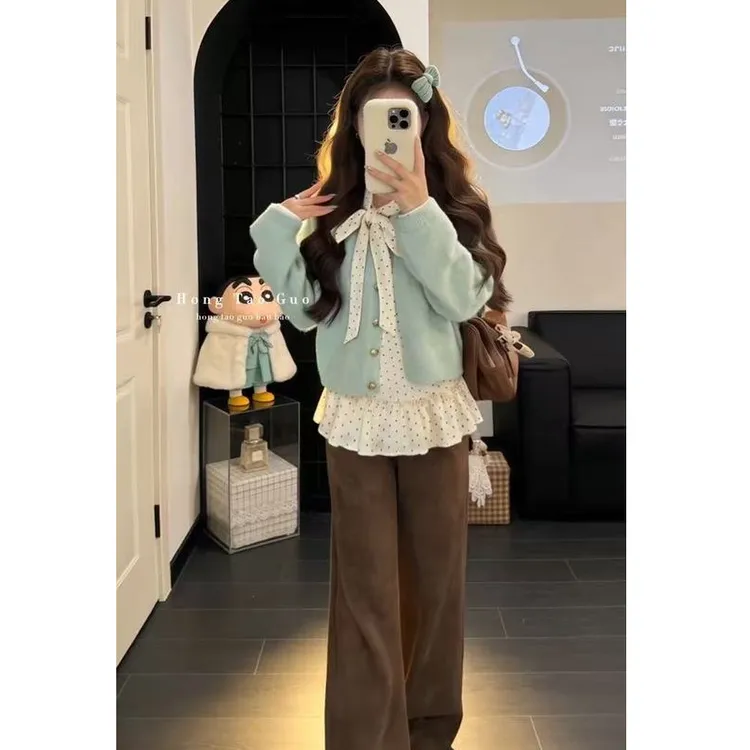 韩系穿搭2026年新款甜美波点蝴蝶结系带上衣针织开衫阔腿裤套装