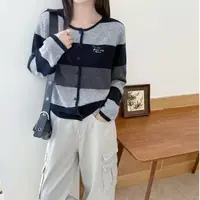 【慵懒宽条纹】软糯包边拼色宽松长袖韩版时尚穿搭针织开衫毛衣女