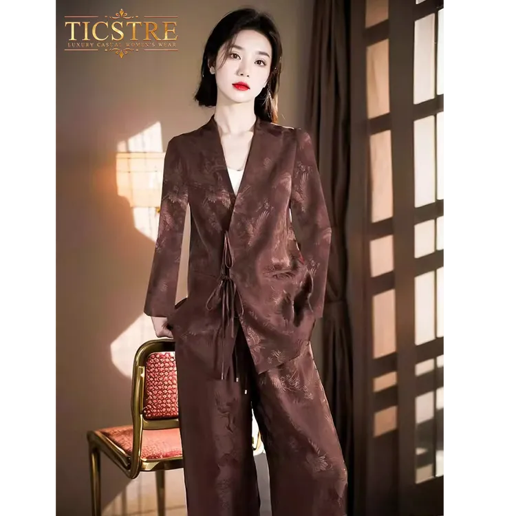TICSTRE秋装女高知穿搭新中式通勤显瘦美拉德西装裤子两件套装
