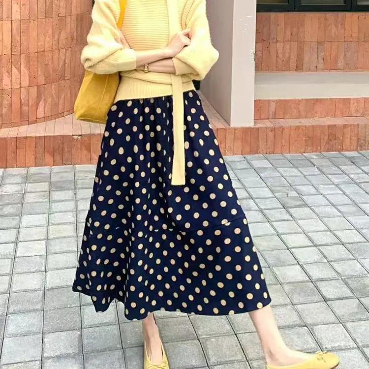 【芝士Cheese】珐琅余温  波点休闲复古灯芯绒印花松紧腰半身裙