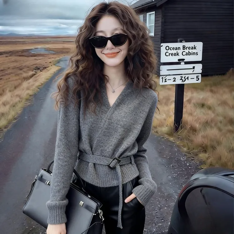 法式慵懒风复古系带收腰长袖针织毛衣女秋冬新款百搭显瘦毛衣上衣