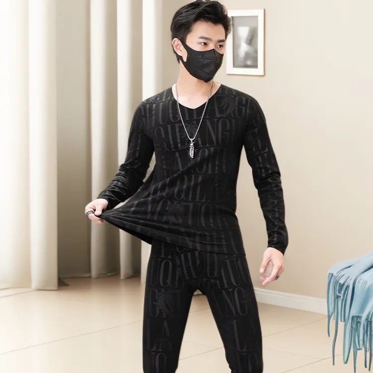 2025新款秋冬男士双面磨绒V领长袖中腰睡衣套装