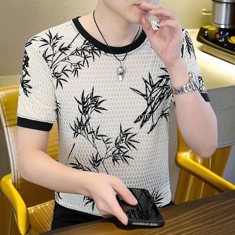圆领短袖夏季T恤透气竹子短袖潮流修身薄款时尚百搭镂空半袖男装