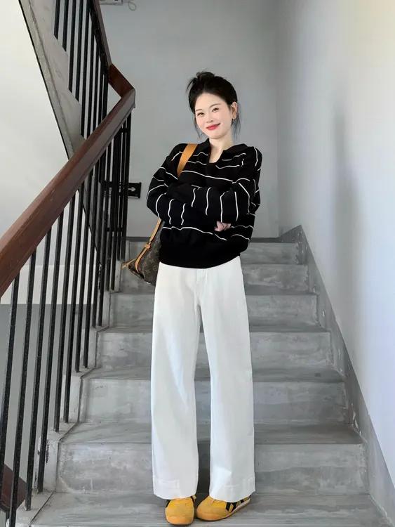 POLO领条纹长袖针织衫毛衣女夏季2025新款设计感上衣阔腿裤套装