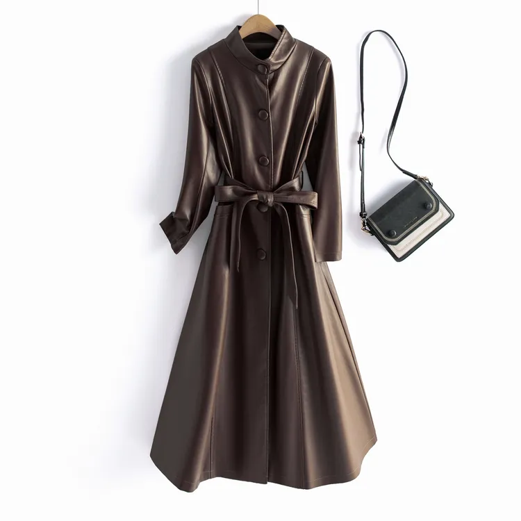 海宁真皮风衣 秋冬立领长款连衣裙皮衣外套时尚 KFLD-6701