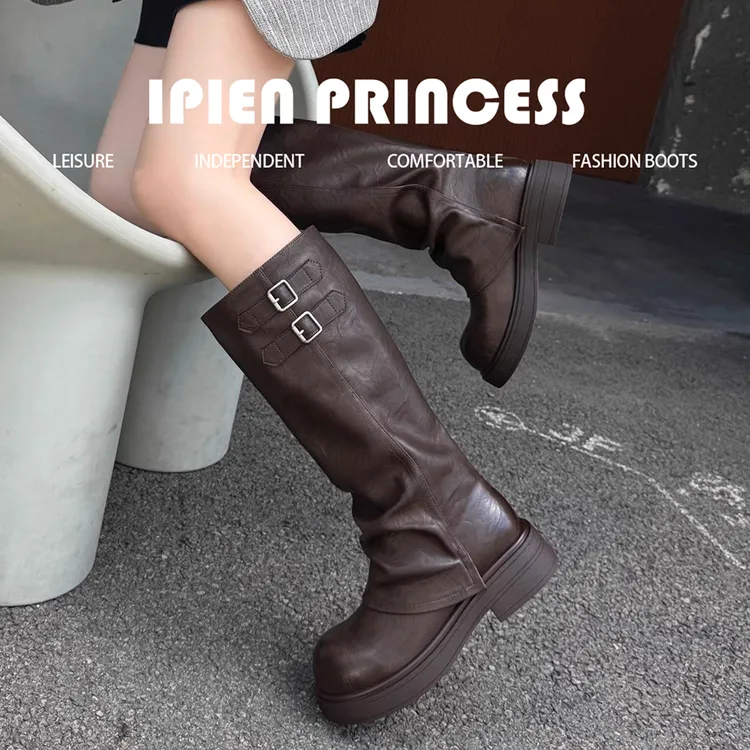 厚底百搭复古美拉德长筒靴女款2025秋季新款爆款小个子时尚堆堆靴