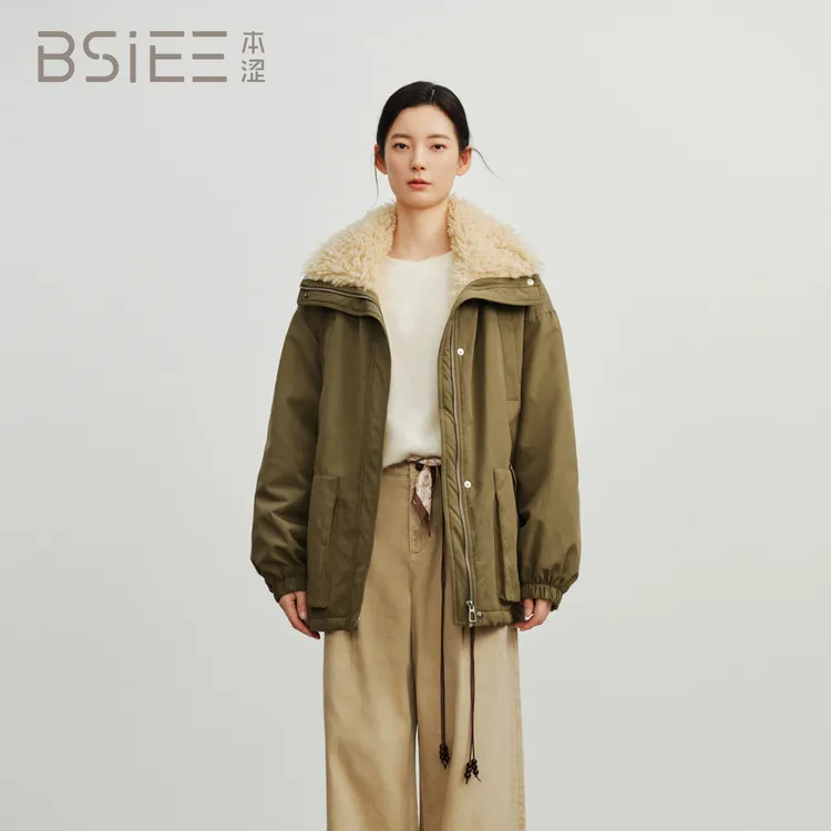 本涩拼接派克ins冬季宽松型百搭翻领短款羽绒服外套