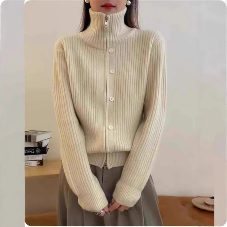 秋季新款女装立领拉链单排扣针织开衫软糯设计感毛衣外套女1003