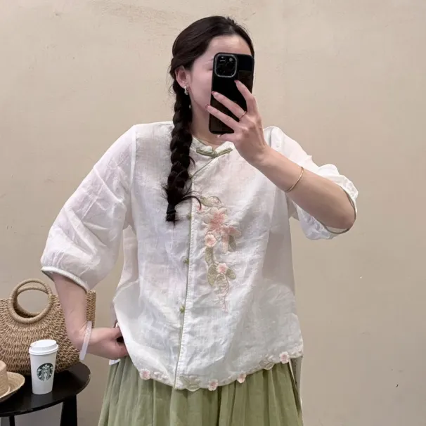 2025时尚流行100%苎麻绣花小衫夏季麻印女神