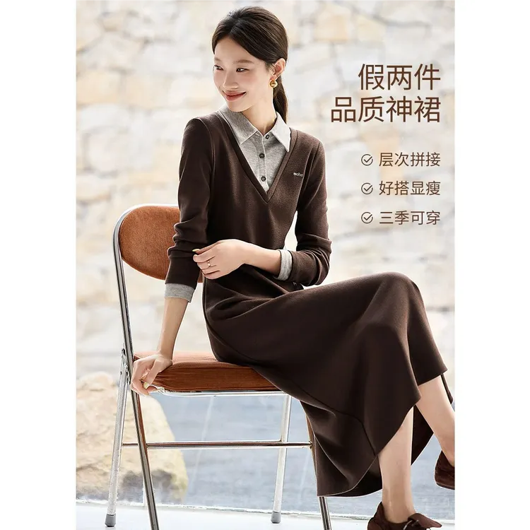 显白显瘦长裙2025秋季拼接假两件衬衫领叠穿气质连衣裙女长袖裙子