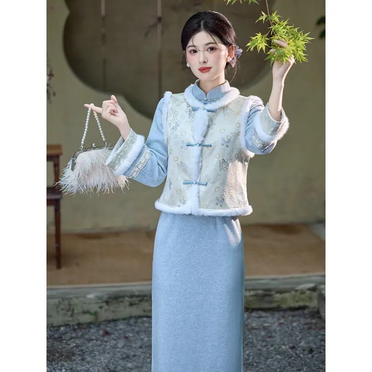 蓝色改良新中式马甲套装旗袍女2025冬新款日常加绒保暖素雅年轻款