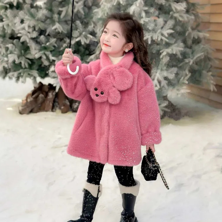 冬季儿童仿水貂绒外套皮毛一体宝宝小女孩洋气女童毛毛大衣中长款