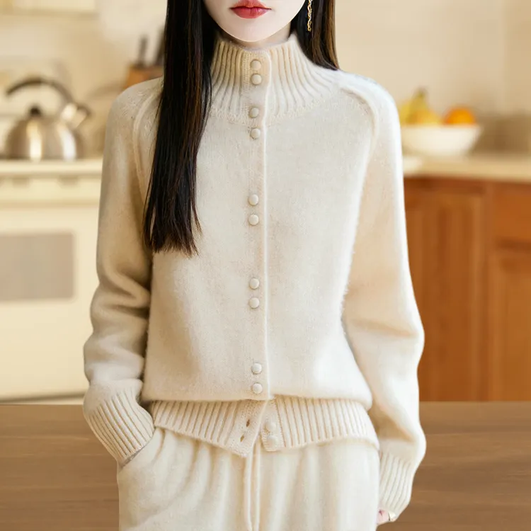 重磅加厚100纯羊毛针织开衫女秋冬新款立领长袖高级感毛衣外套