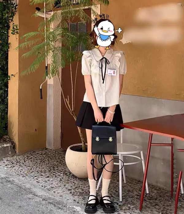 大码法式娃娃领衬衫短袖半身裙学院风两件套88082#88083#