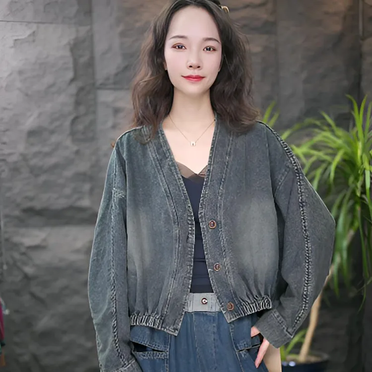 JJ常规款女提花翻领短款长袖短外套牛仔女装拼接气质百搭复古